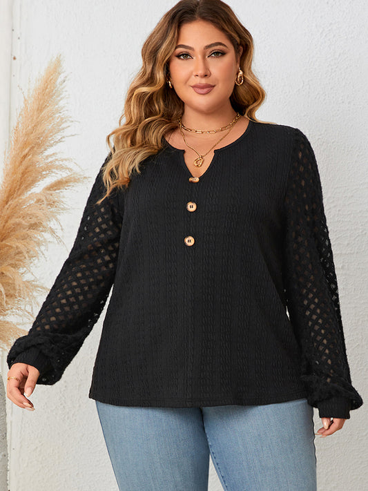 Plus Size Openwork Notched Button Blouse