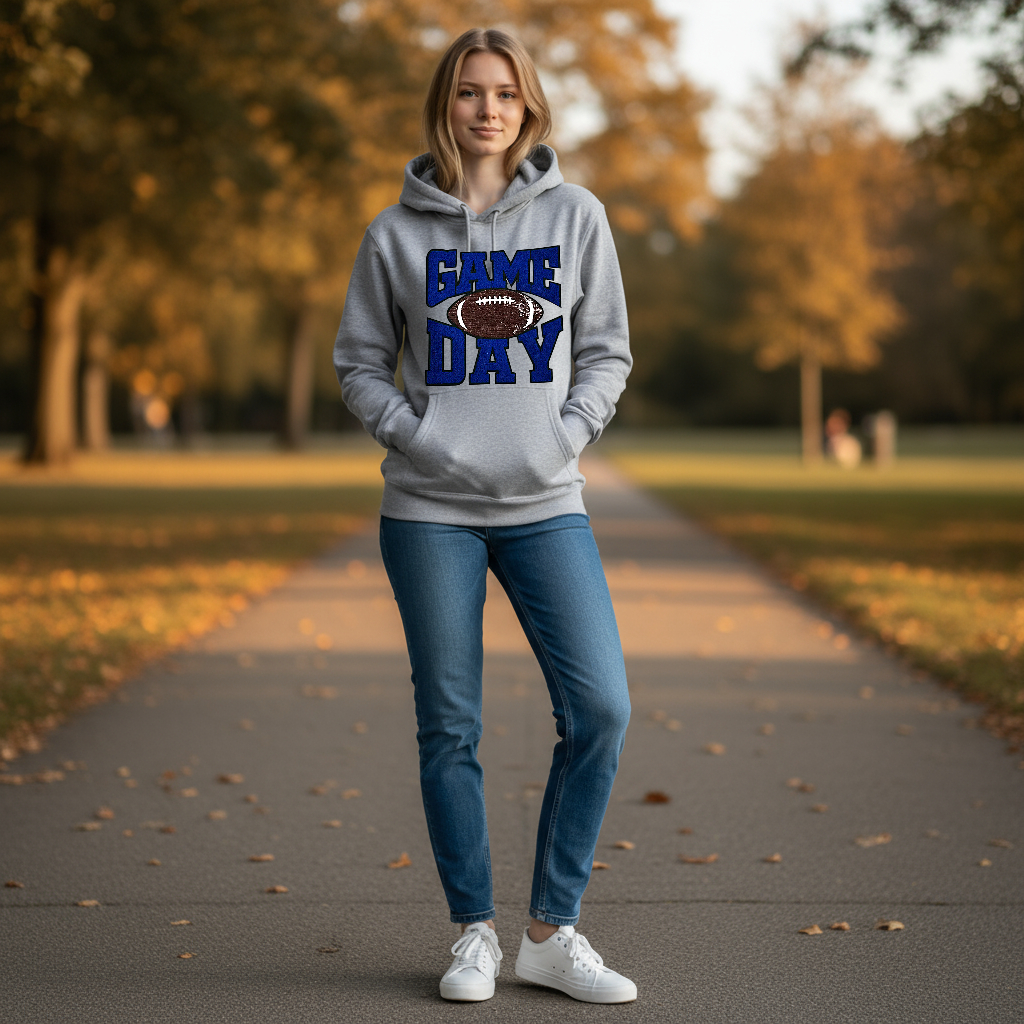 Royal Blue Game Day Sequin Patch on Grey Hoodie