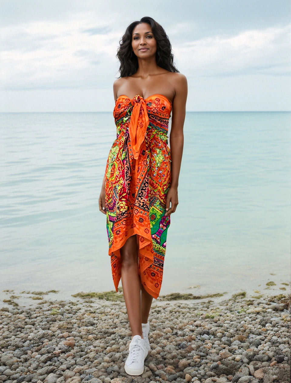 Orange Metallic Embroidered Cotton Sarong