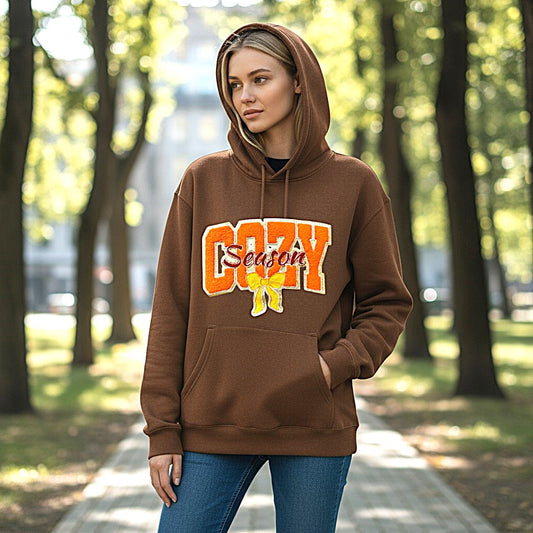 Orange Chenille Cozy Season Patch on Brown Hoodie