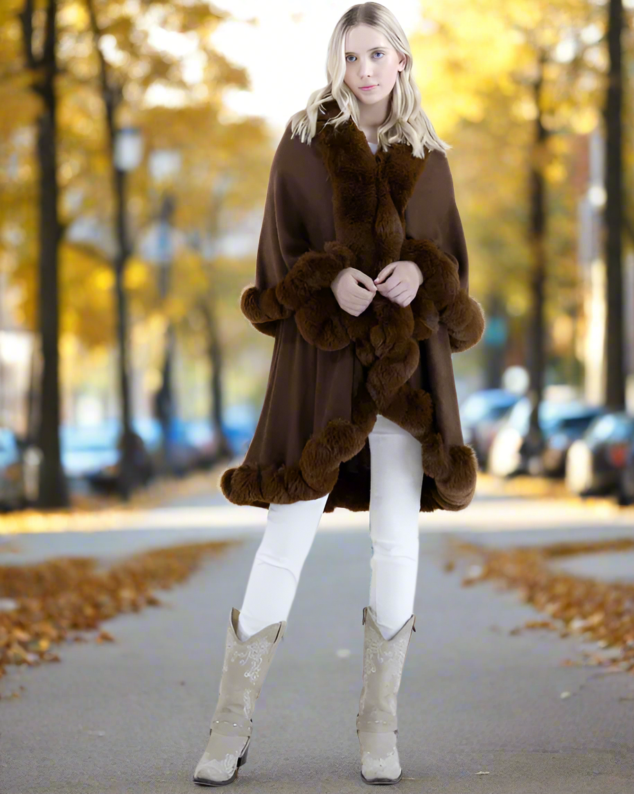 Multi-Layered Faux Fur Knit Cape