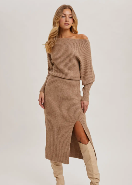 Off Shoulder Midi Knit Dress