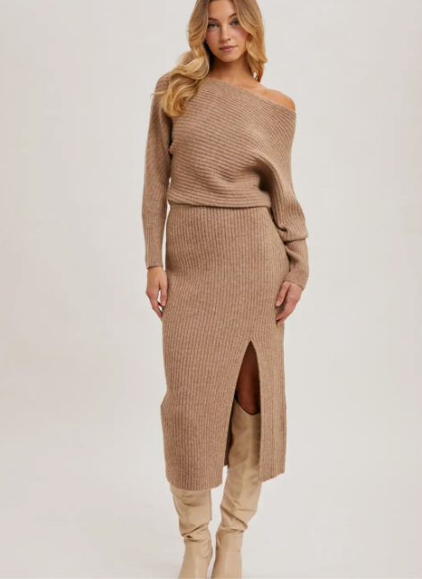 Off Shoulder Midi Knit Dress