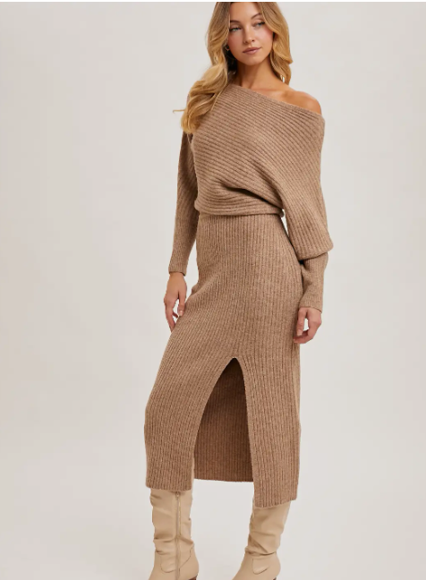 Off Shoulder Midi Knit Dress
