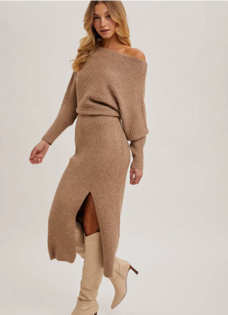 Off Shoulder Midi Knit Dress