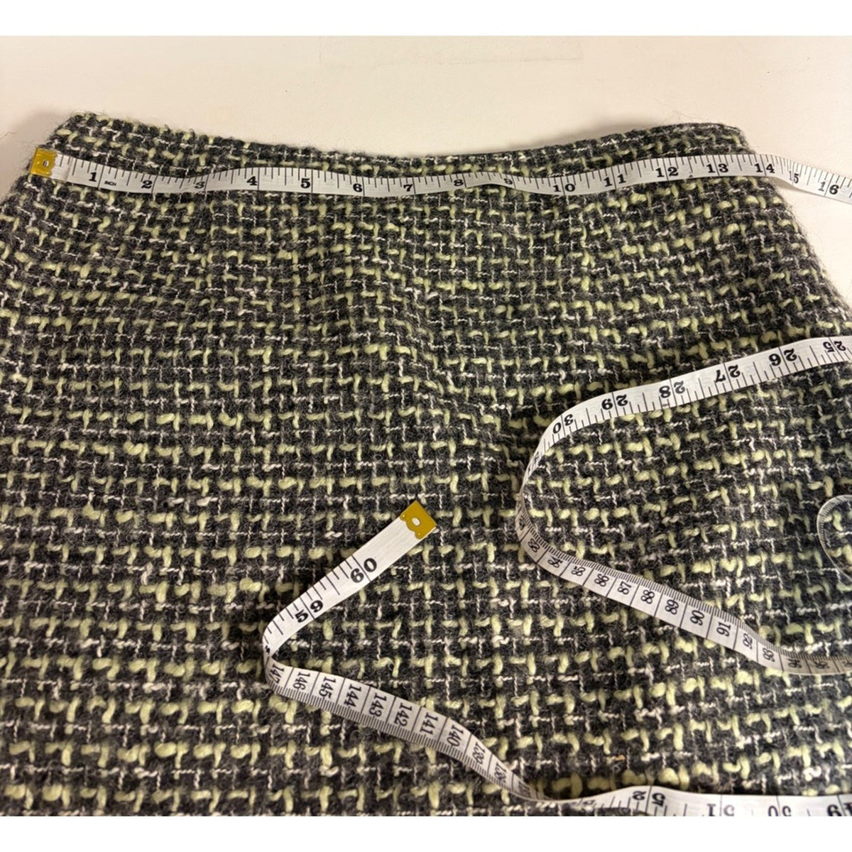 Vintage JON Womens Tweed Skirt Suit Black Grey Yellow Fringe Size 4