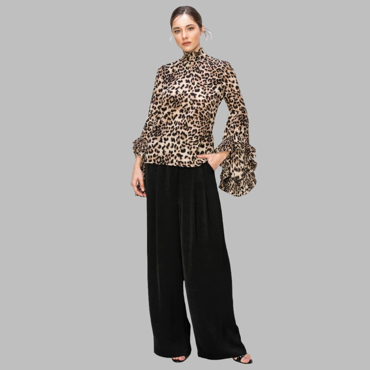 Leopard Print Pleated Ruffle Long Sleeves Blouse