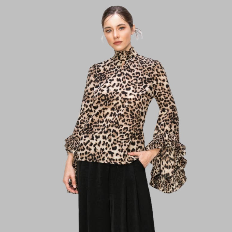 Leopard Print Pleated Ruffle Long Sleeves Blouse