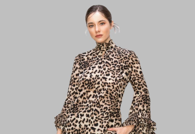 Leopard Print Pleated Ruffle Long Sleeves Blouse