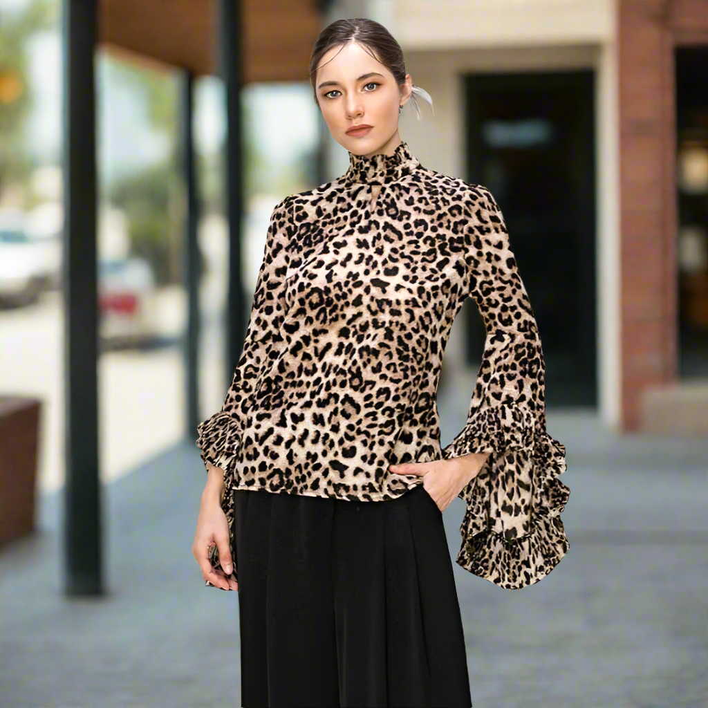 Leopard Print Pleated Ruffle Long Sleeves Blouse