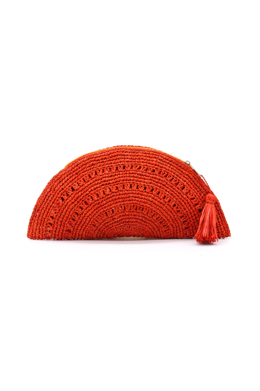 Half Moon Crochet Straw Clutch in Coral