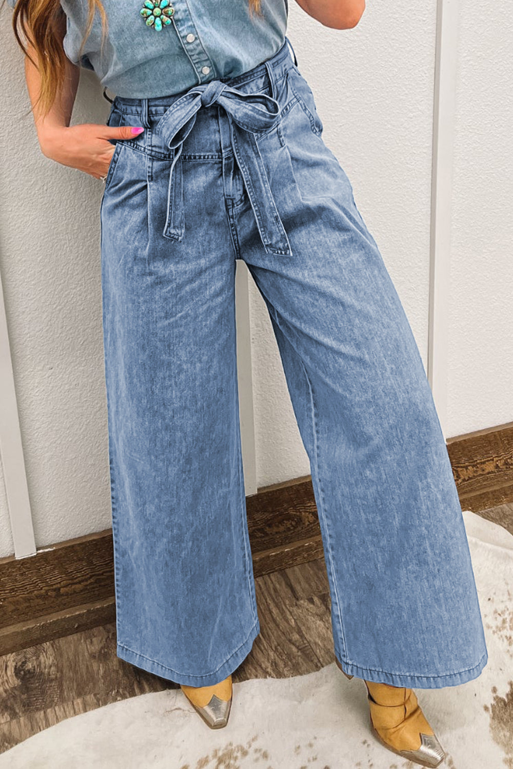 Vintage Washed Wide Leg Jeans with belt