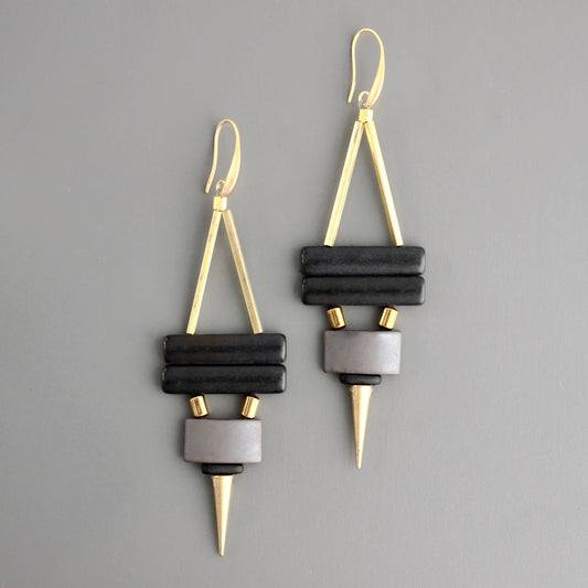 CHRE88 Geometric black magnesite and hematite earrings