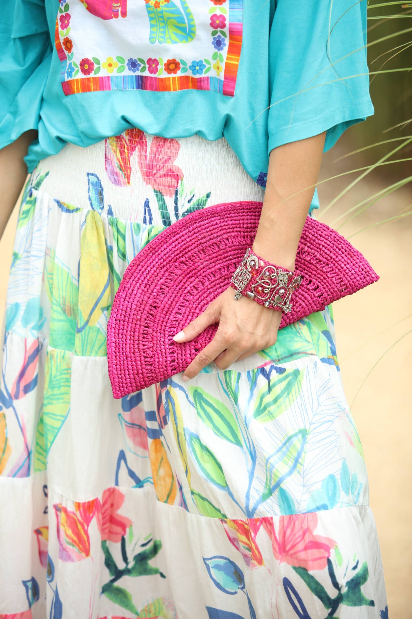 Half Moon Crochet Straw Clutch in Coral