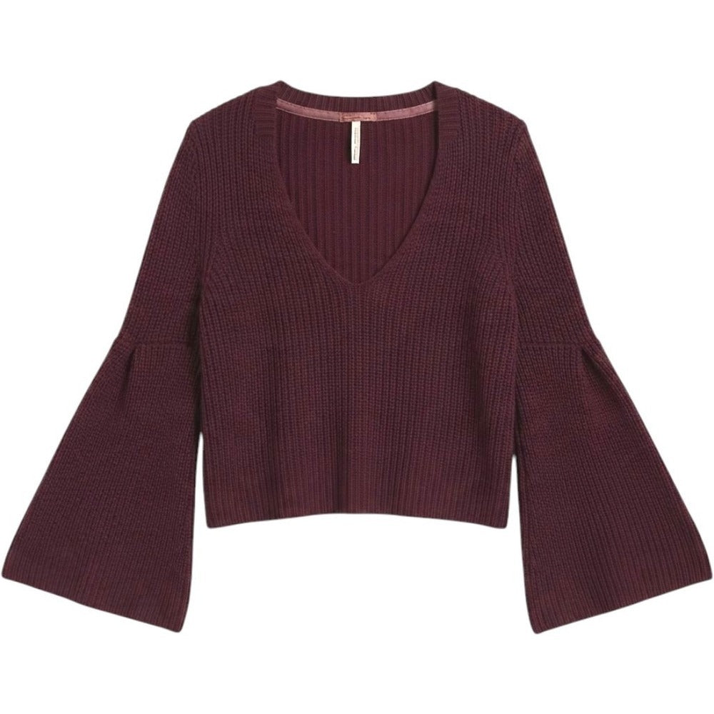 Free People Bell Sleeve Chunky Knit V-Neck Sweater Burgundy Maroon Sz S