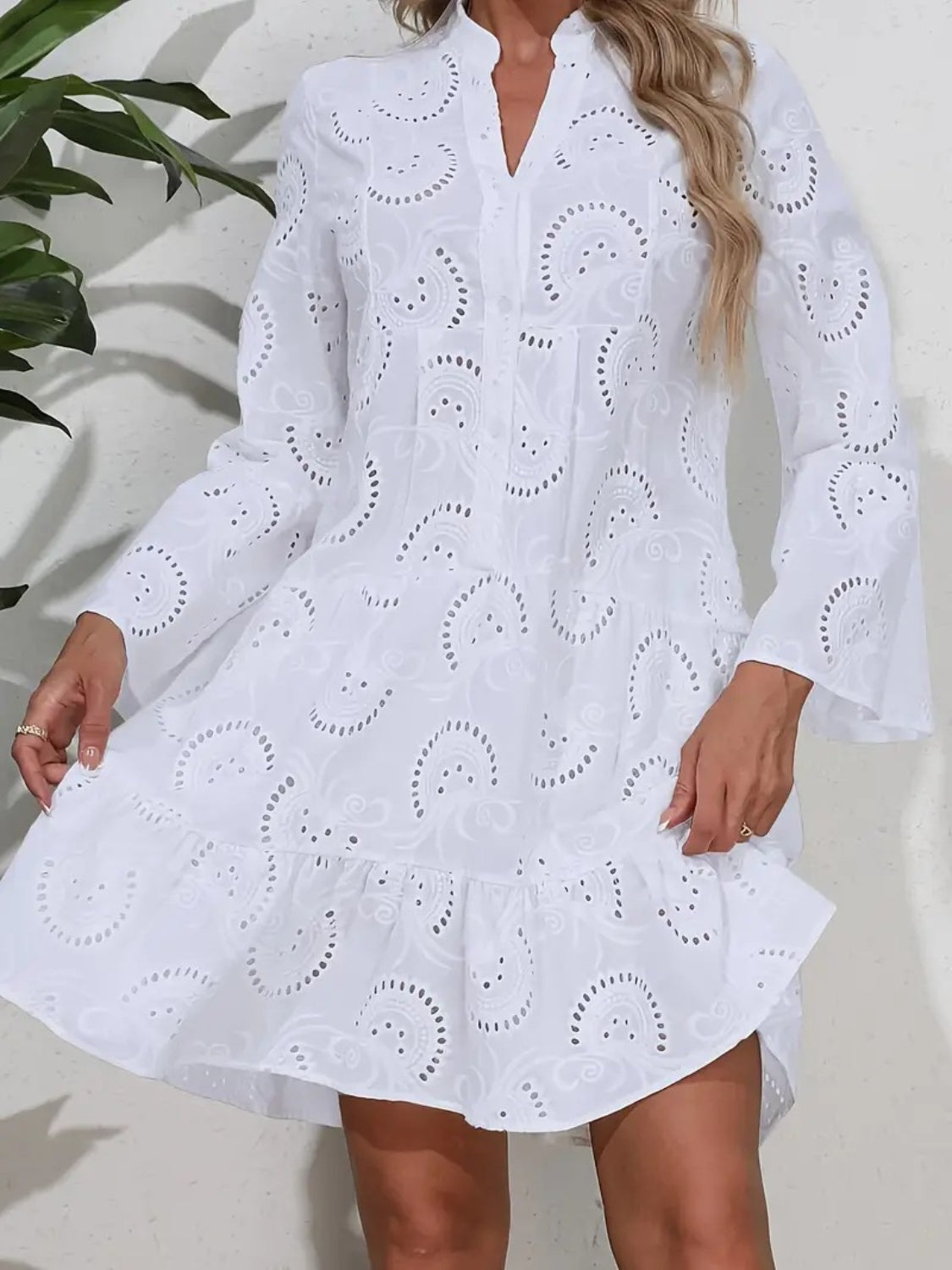 Ruffle Hem Eyelet Notched Long Sleeve Dress