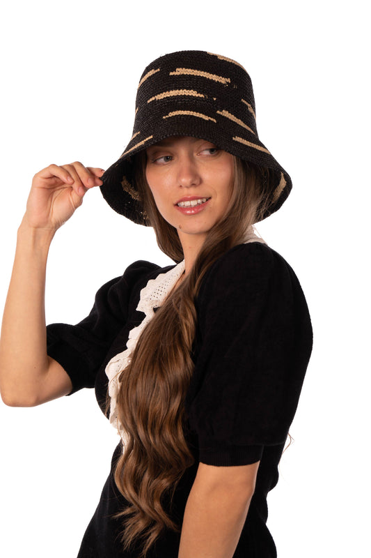 Taylor Crochet Bucket Hat with Black Zebra Stripes