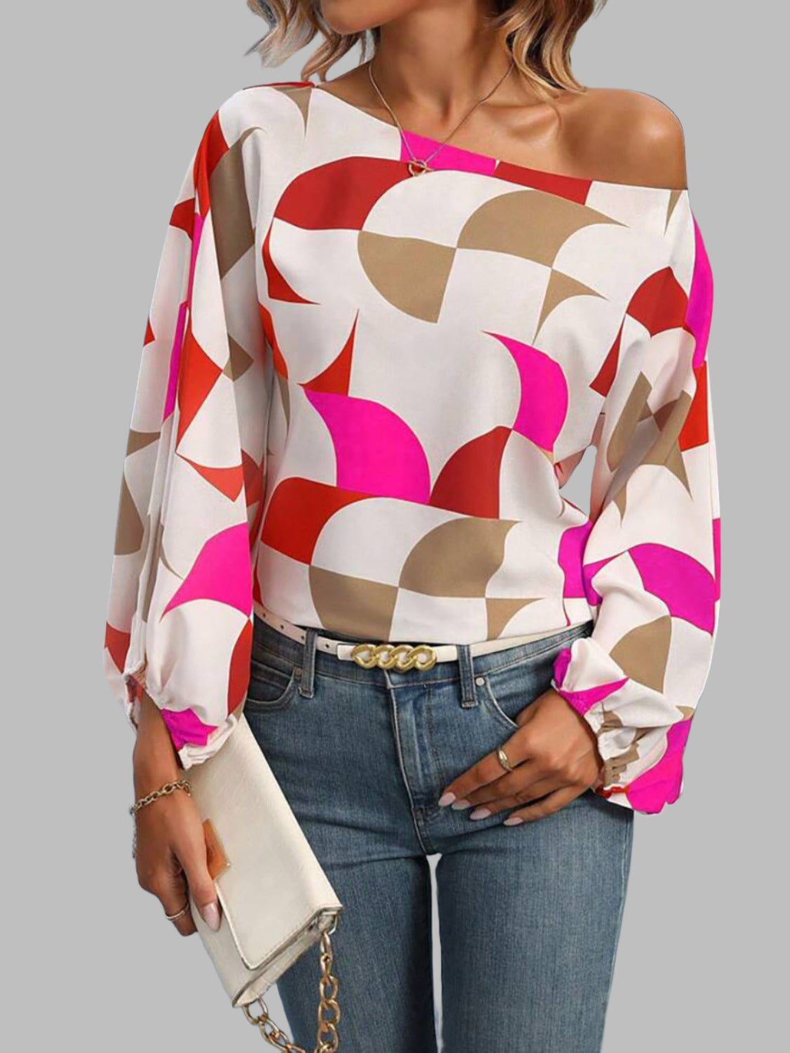 Printed One Shoulder Balloon Sleeve Blouse