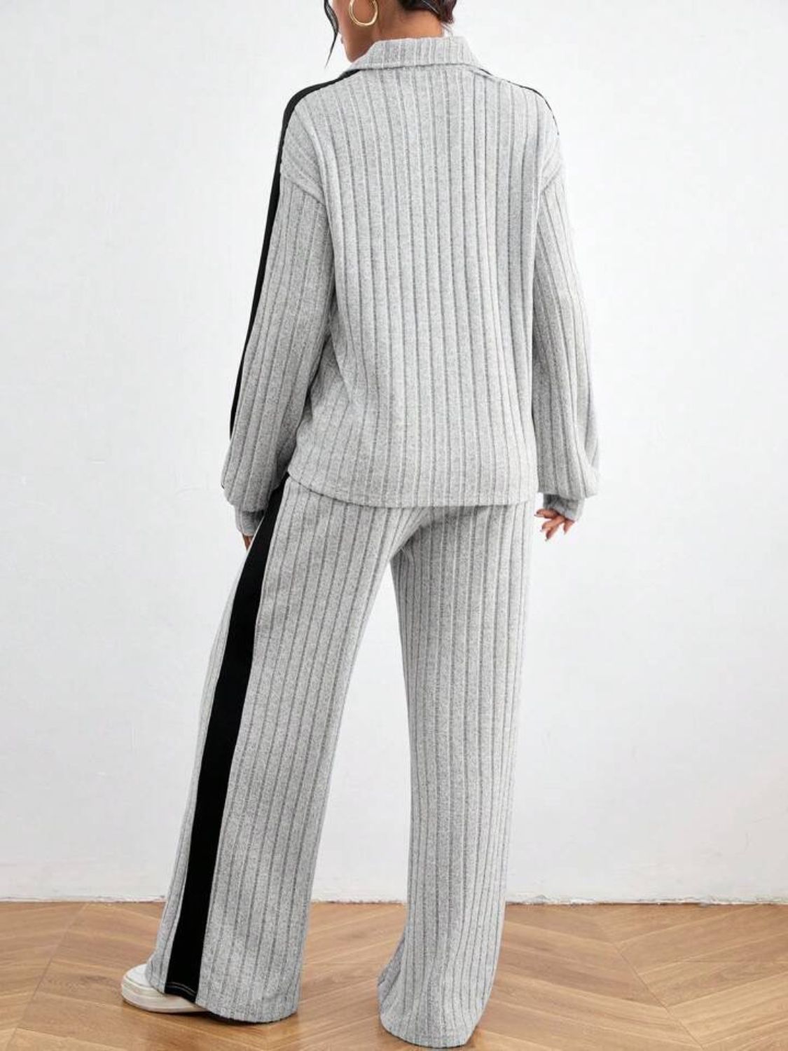 Contrast Collared Top and Pants Set