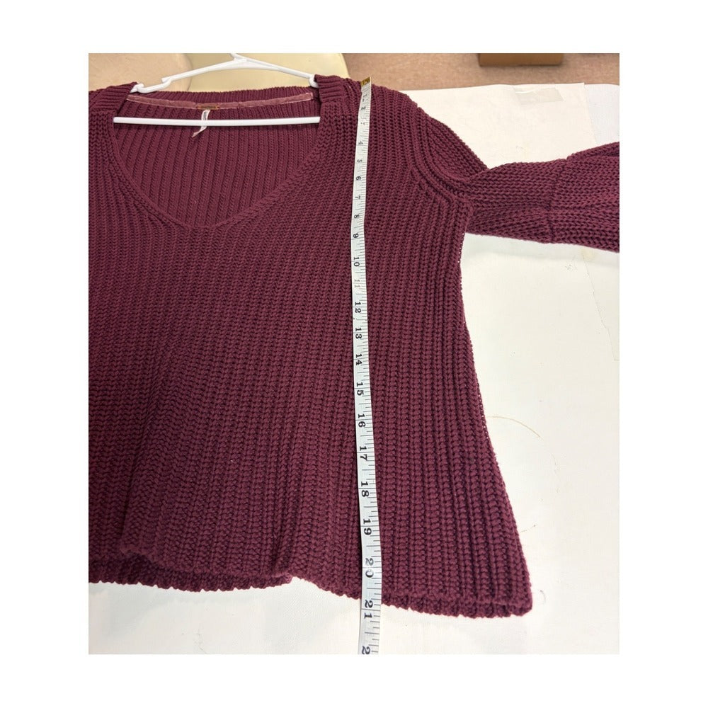 Free People Bell Sleeve Chunky Knit V-Neck Sweater Burgundy Maroon Sz S
