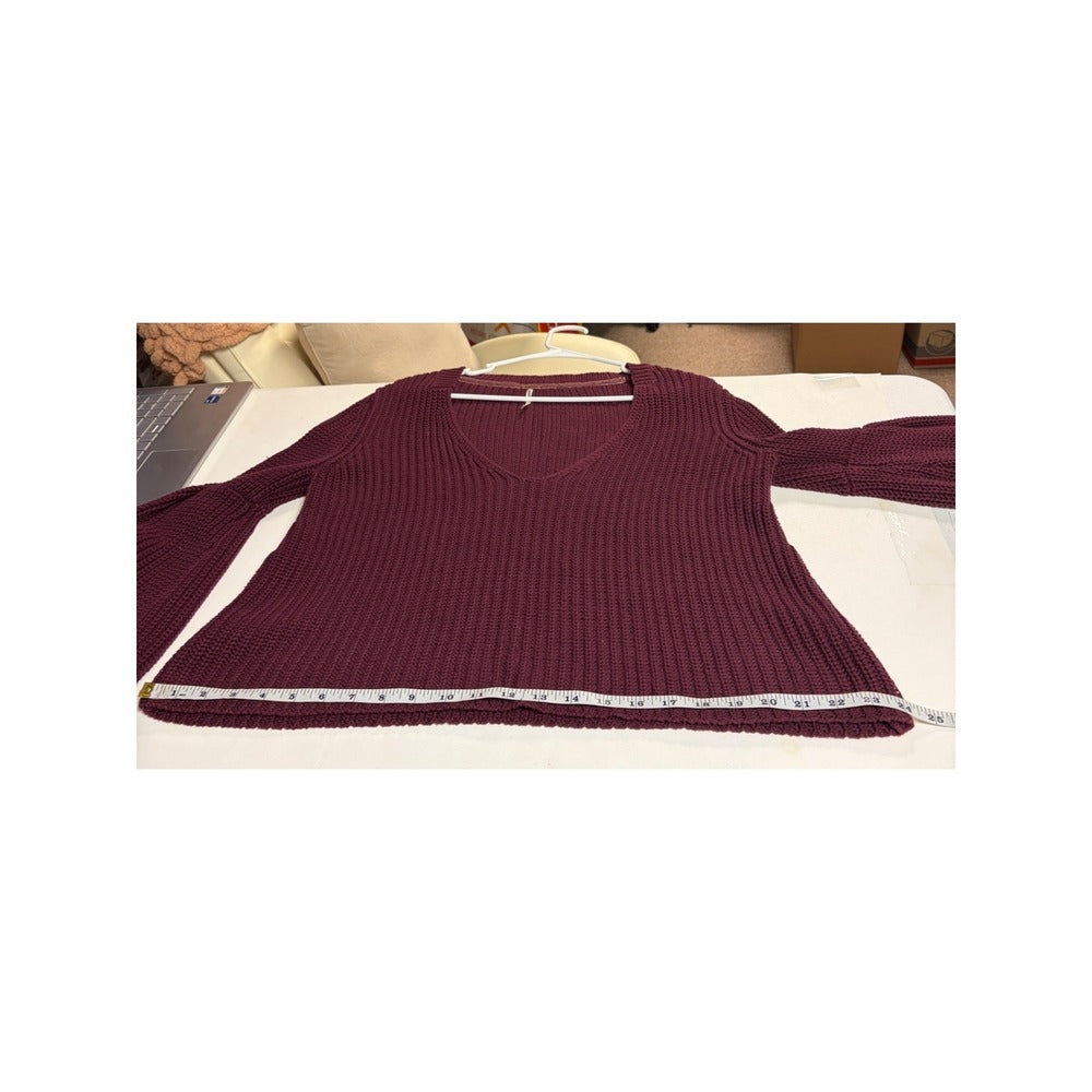 Free People Bell Sleeve Chunky Knit V-Neck Sweater Burgundy Maroon Sz S