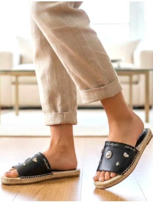 Karl Lagerfeld Black Jeweled Espadrille Slide Mules Size 7.5