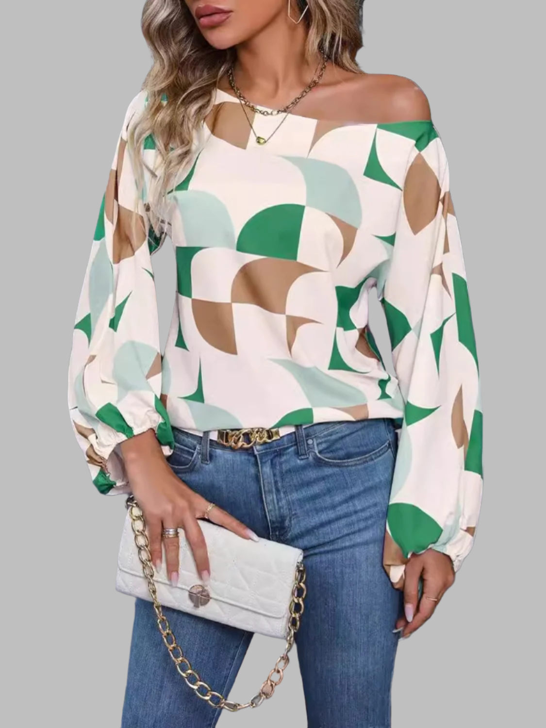 Printed One Shoulder Balloon Sleeve Blouse