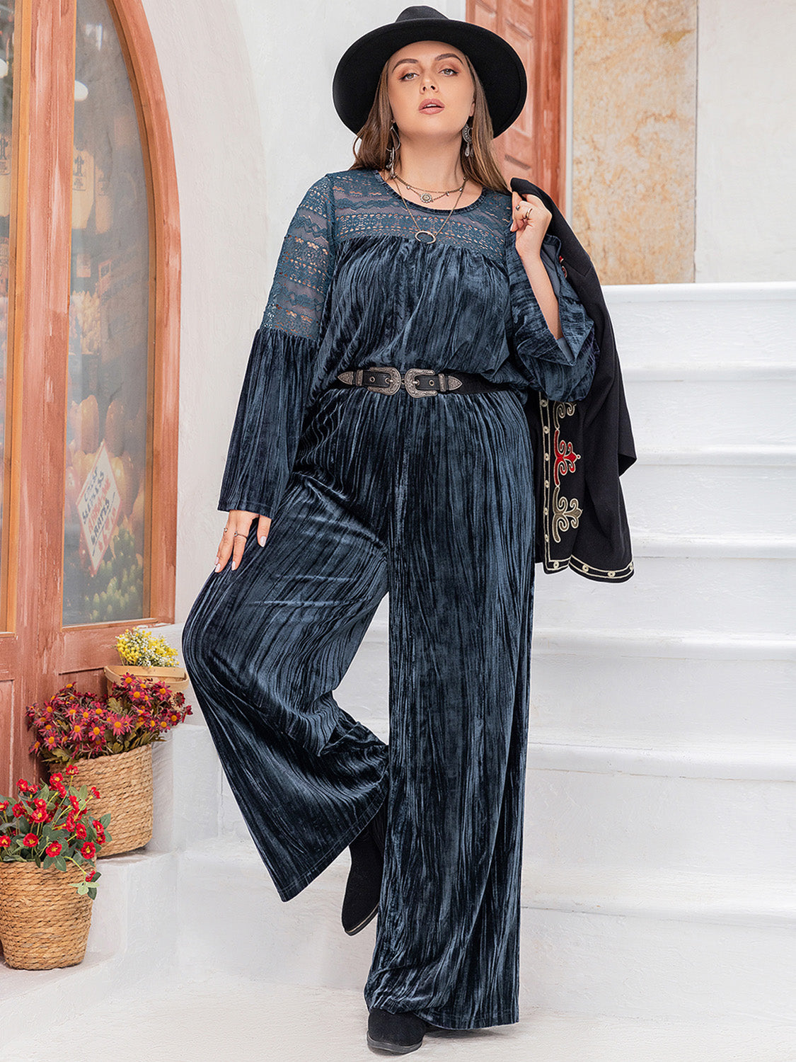 Plus Size Flare Sleeve Top and Pants Set