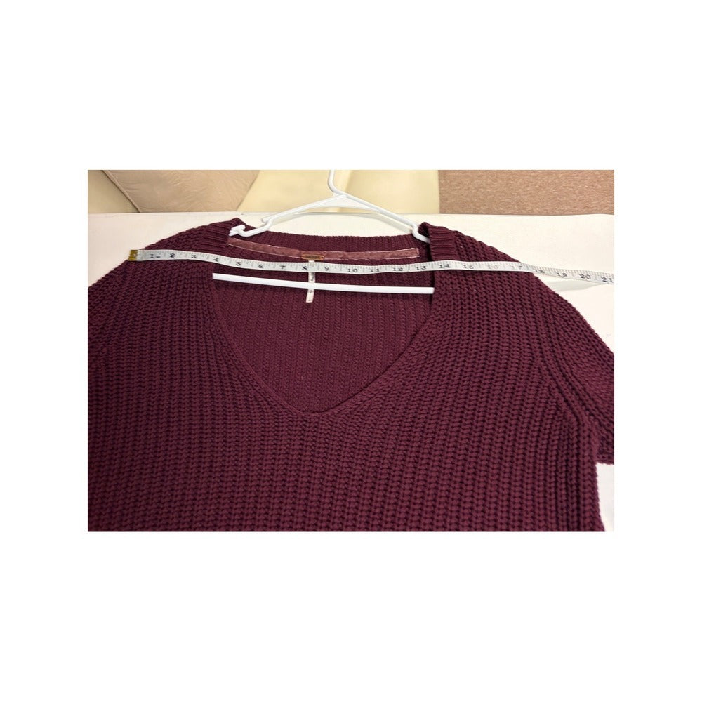 Free People Bell Sleeve Chunky Knit V-Neck Sweater Burgundy Maroon Sz S