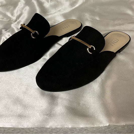 NWT Musshoe Faux Suede Black Mules with Gold Tone Buckle - Size 10