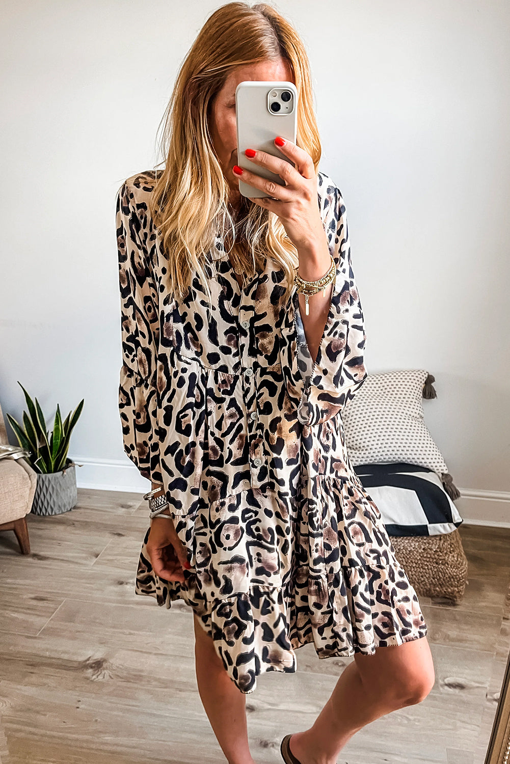 Black Leopard Print  Ruffled Hem Dress