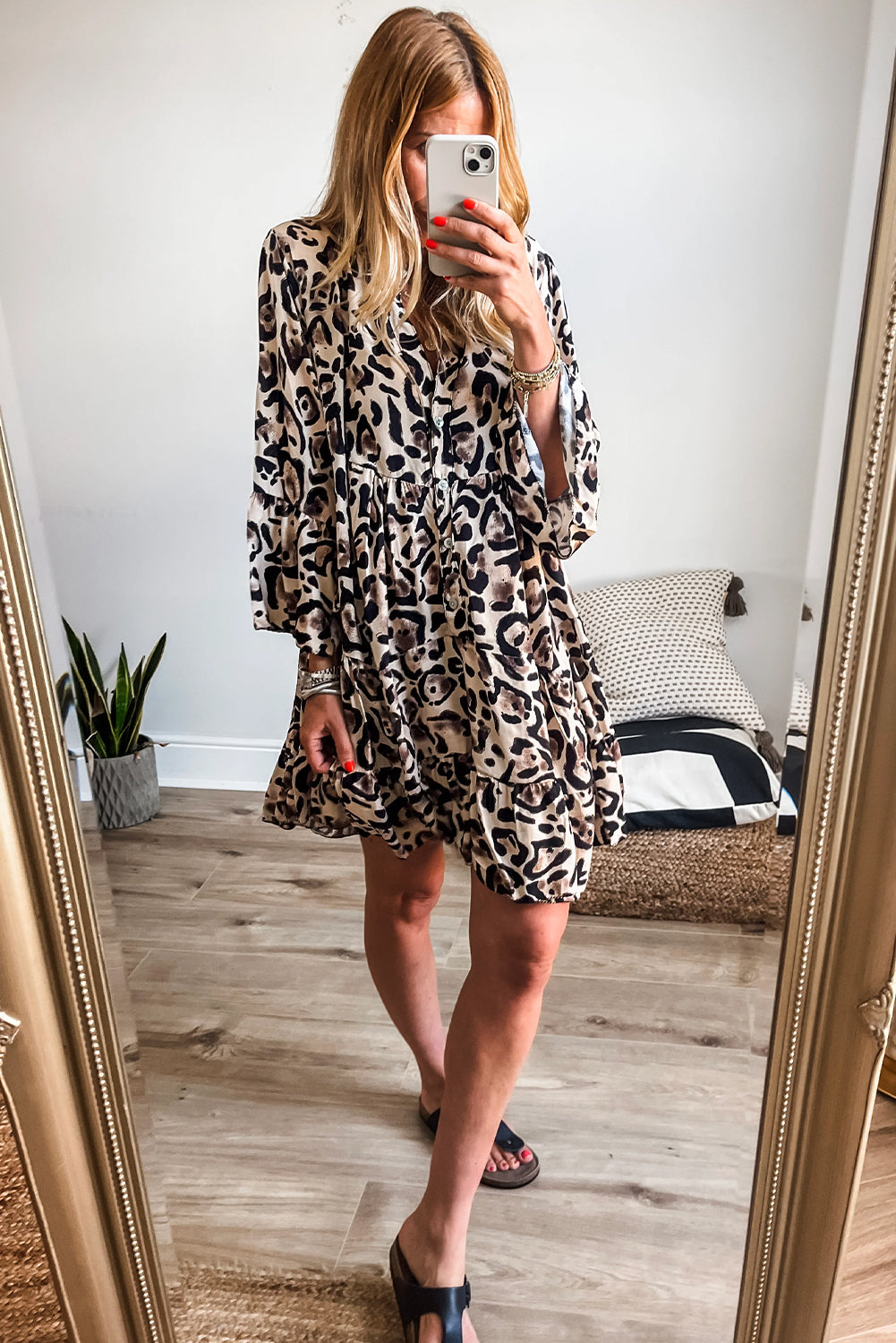 Black Leopard Print  Ruffled Hem Dress