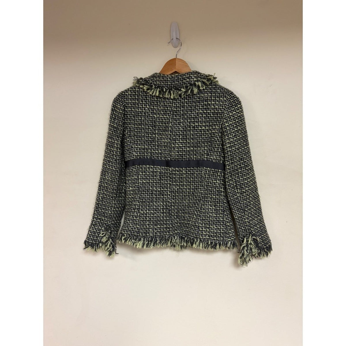 Vintage JON Womens Tweed Skirt Suit Black Grey Yellow Fringe Size 4