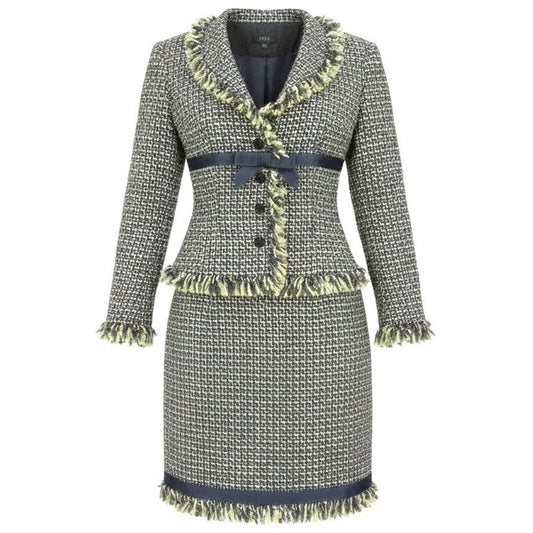 Vintage JON Womens Tweed Skirt Suit Black Grey Yellow Fringe Size 4