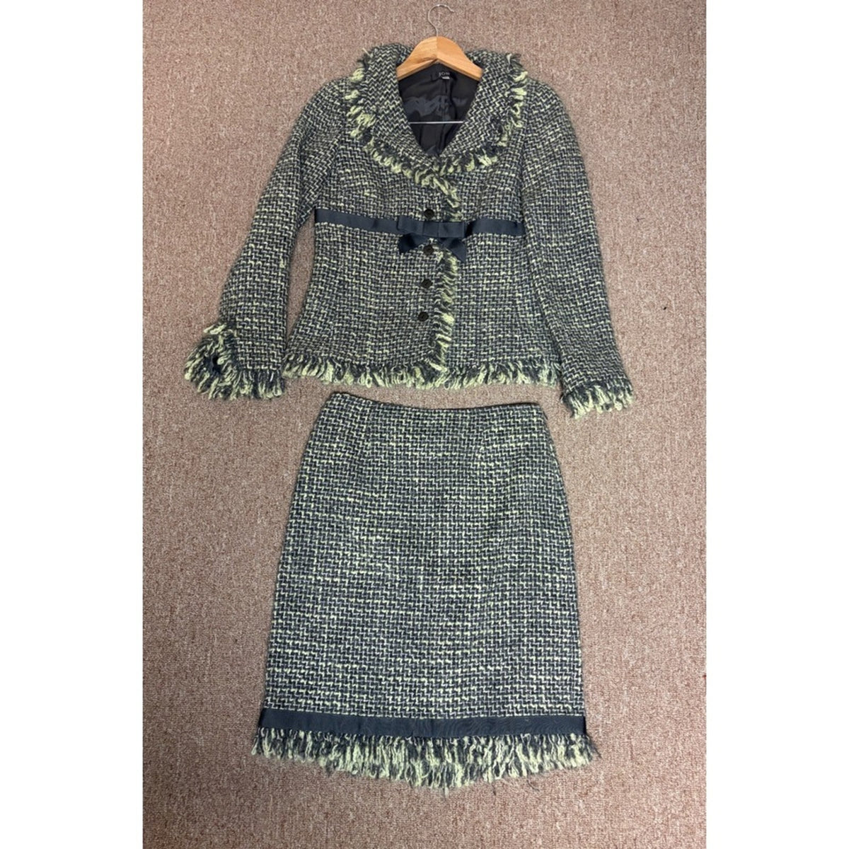 Vintage JON Womens Tweed Skirt Suit Black Grey Yellow Fringe Size 4