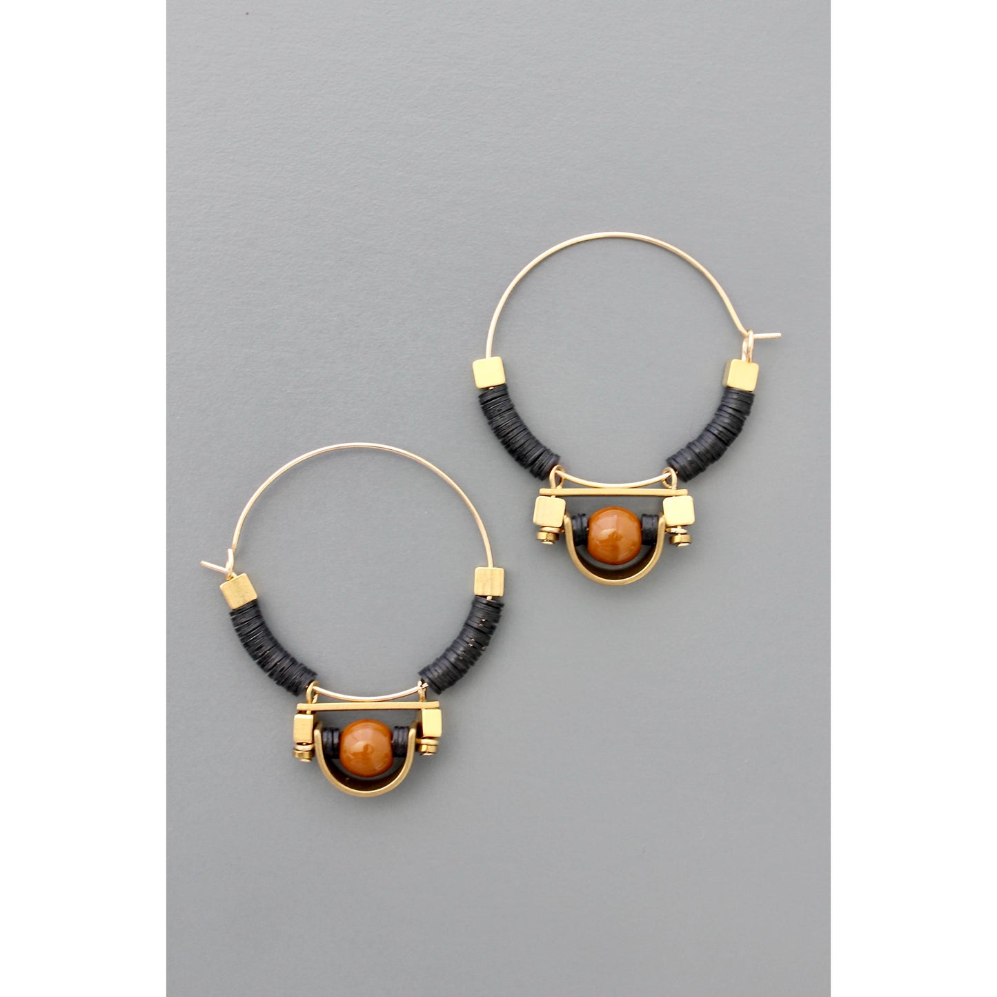 Art Deco black and brown hoop earrings