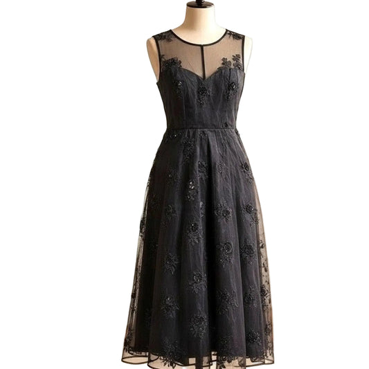 NWOT Donna Karan Black Beaded Embroidered Organza Cocktail Dress Size 8