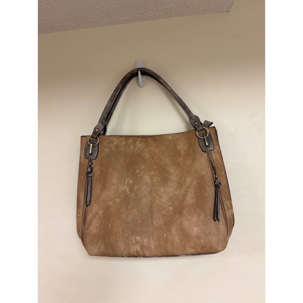 Jen & Co Two Tone Distressed Vegan Leather Shoulder Bag Tote w/ Crossbody Strap