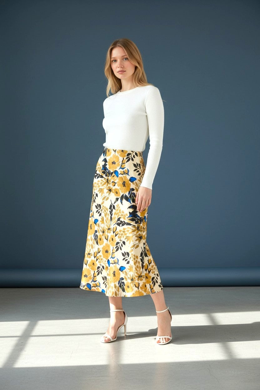 Satin Floral Print Skirt