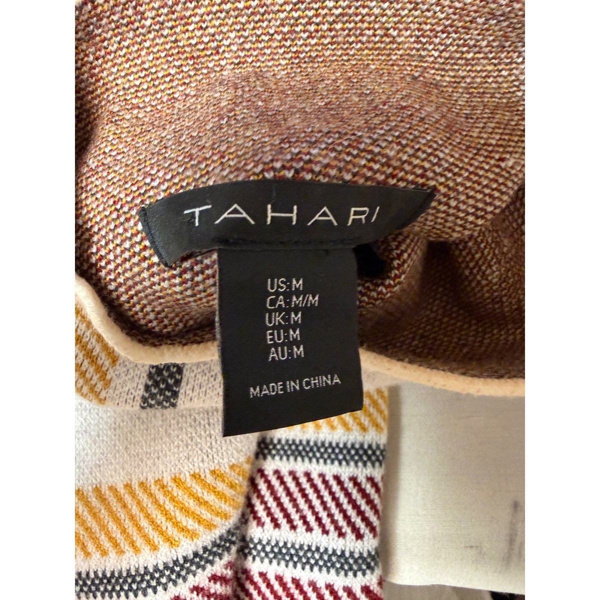 Tahari Plaid Mock Neck Knit Sweater Cream Yellow Burgundy Size M