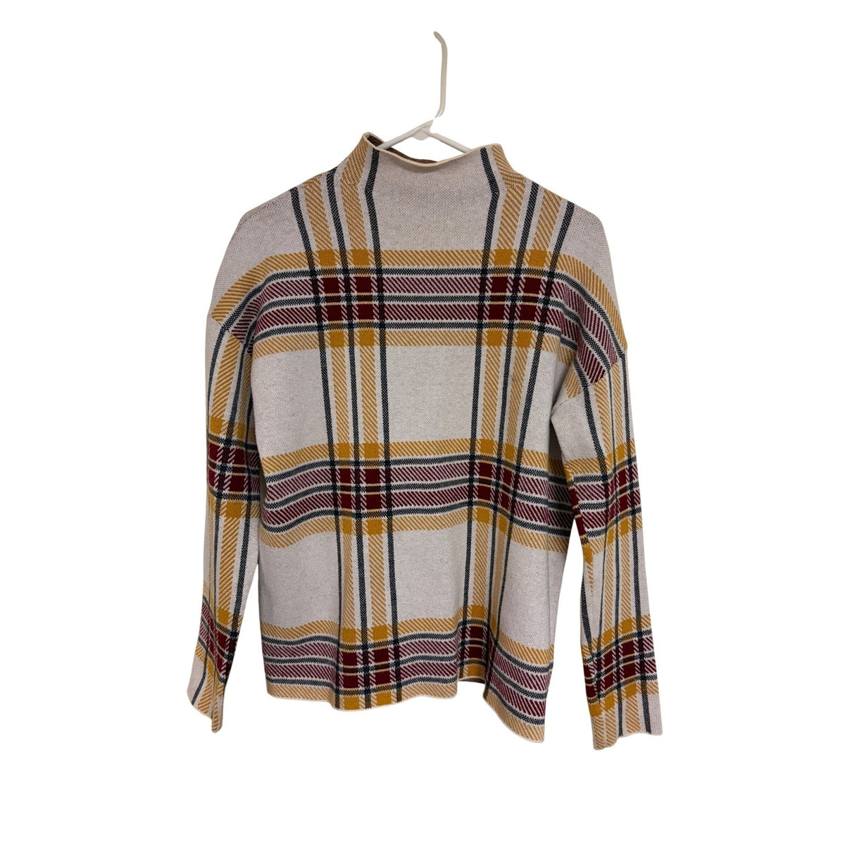 Tahari Plaid Mock Neck Knit Sweater Cream Yellow Burgundy Size M