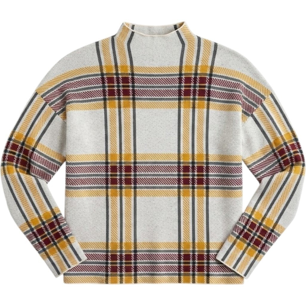 Tahari Plaid Mock Neck Knit Sweater Cream Yellow Burgundy Size M
