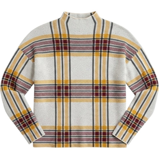 Preloved Tahari Plaid Mock Neck Knit Sweater Cream Yellow Burgundy Size M