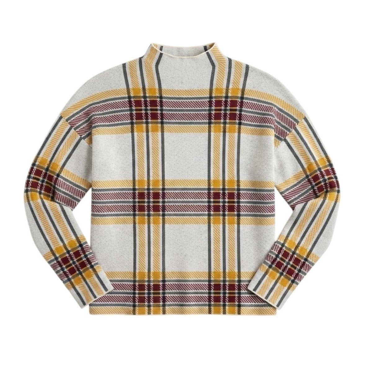 Tahari Plaid Mock Neck Knit Sweater Cream Yellow Burgundy Size M